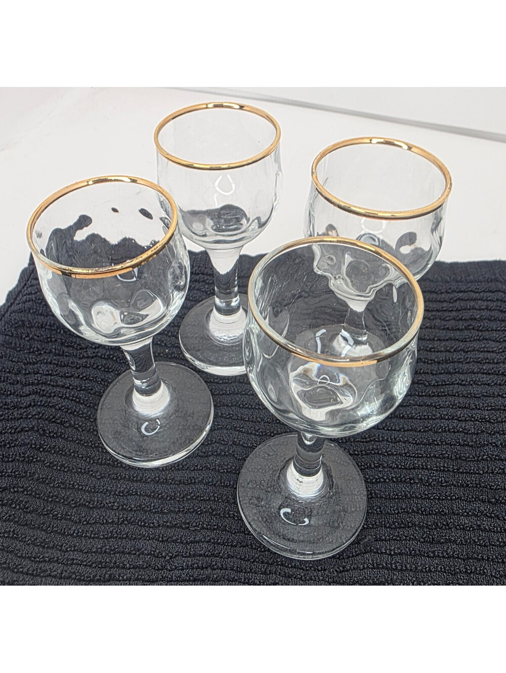 Lot of 4 Vintage Mini Clear Glass with Gold Rims Cordial Glasses 4.25" Tall